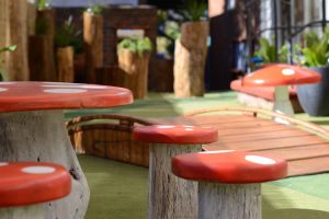 Timber mushroom table and stools