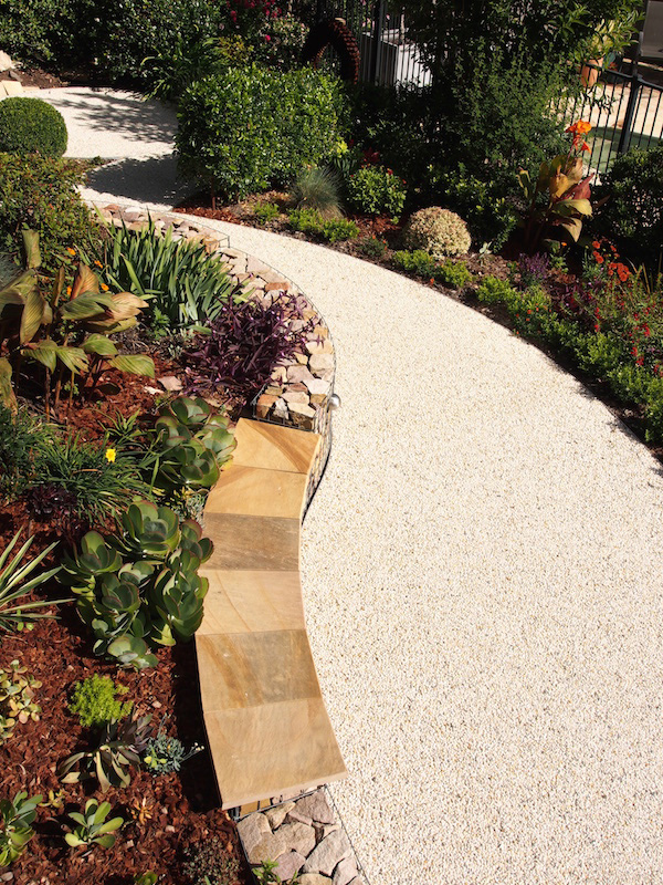 Backyard landscape design plantings along winding path