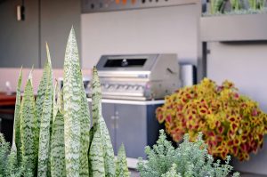 bespoke BBQ and outdoor dining area is surrounded by soft greenery