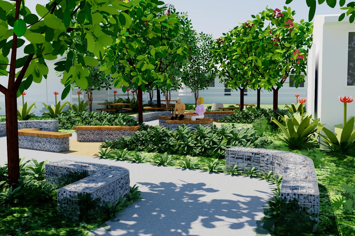 Conceptual model of tranquil seating area with lush native planting