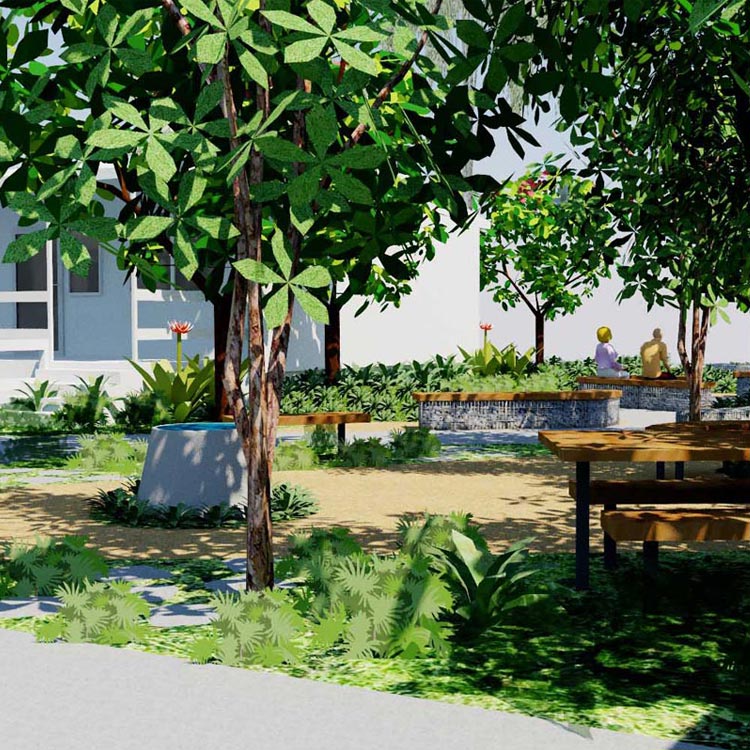 A visual perspective of the peaceful garden with seating among a shaded canopy for staff and clients