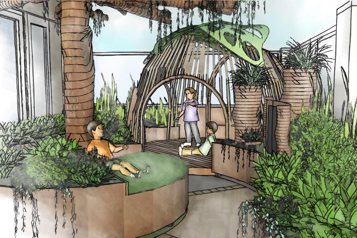 Conceptual sketch perspective of raised planters with timber tree umbrella and leaf covered cubby