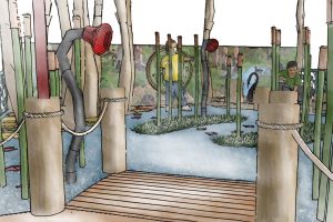 Close up conceptual sketch perspective from the boat shed looking out to the magical reed beds with native birds and animals