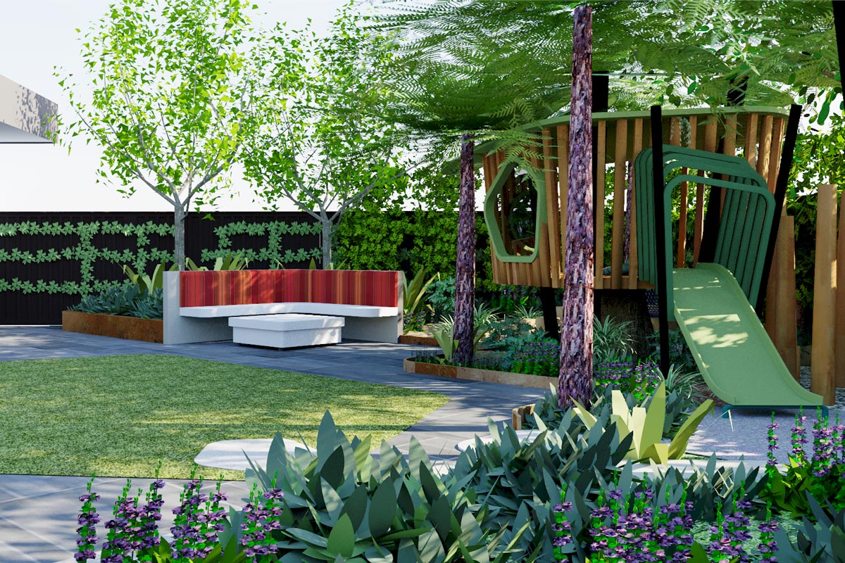 View across feature lawn to outdoor seating and bespoke tree house