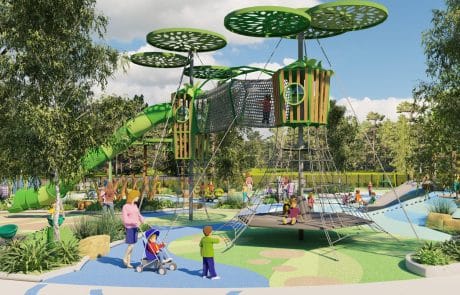 In the tall Eucalyptus forest climb the giant tree house and take the slide back down to the fallen gum leaf steppers.