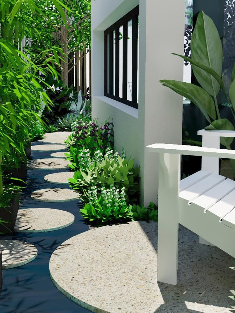 View of water feature along side passage