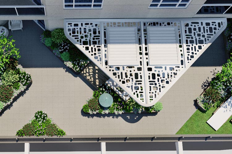 Aerial view of pergola structure and planters