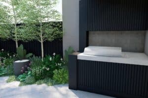 View showing casual seating area amongst lush plantings
