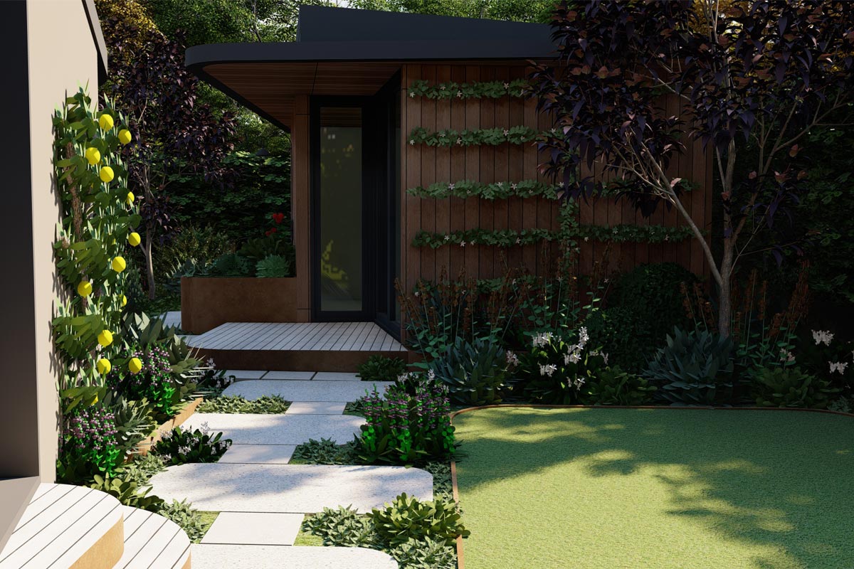 Perspective showing new garden studio from side passage.